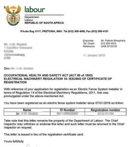 electric fence compliance certificate